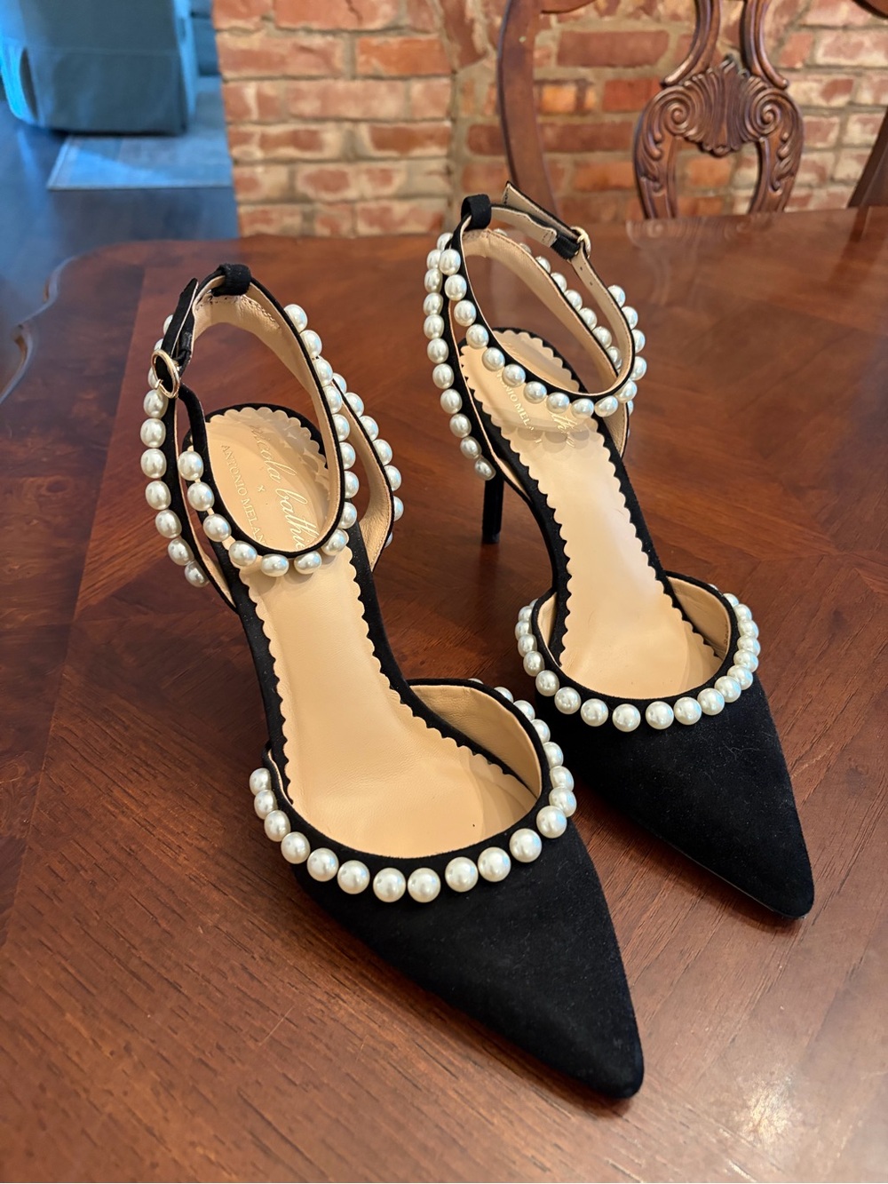 Nicola Bathie x Antonio Melani Black Pearl-Embellished Pointed Toe Women's Heels